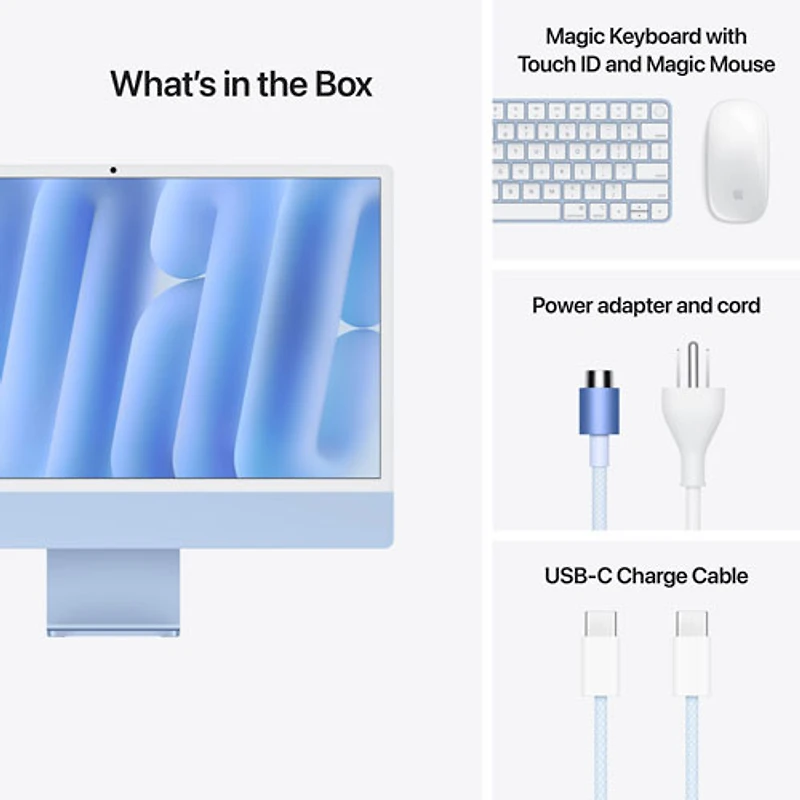 iMac de 24 po d'Apple (automne 2024) - Bleu (puce M4 d'Apple/processeur graphique 10 coeurs/RAM 16 Go/SSD 256 Go) - Anglais