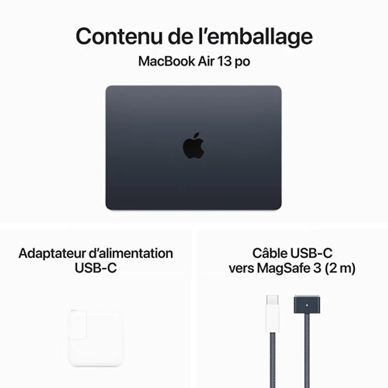 MacBook Air de 13,6 po avec Touch ID d'Apple (automne 2024) - Minuit (M3 d'Apple/RAM 16 Go/SSD 256 Go) - Anglais