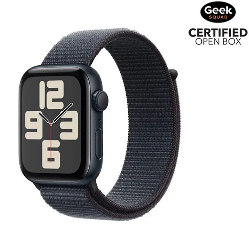 Boîte ouverte - Apple Watch SE (GPS) avec boîtier de 44mm en aluminium minuit et bracelet sport à rabat encre