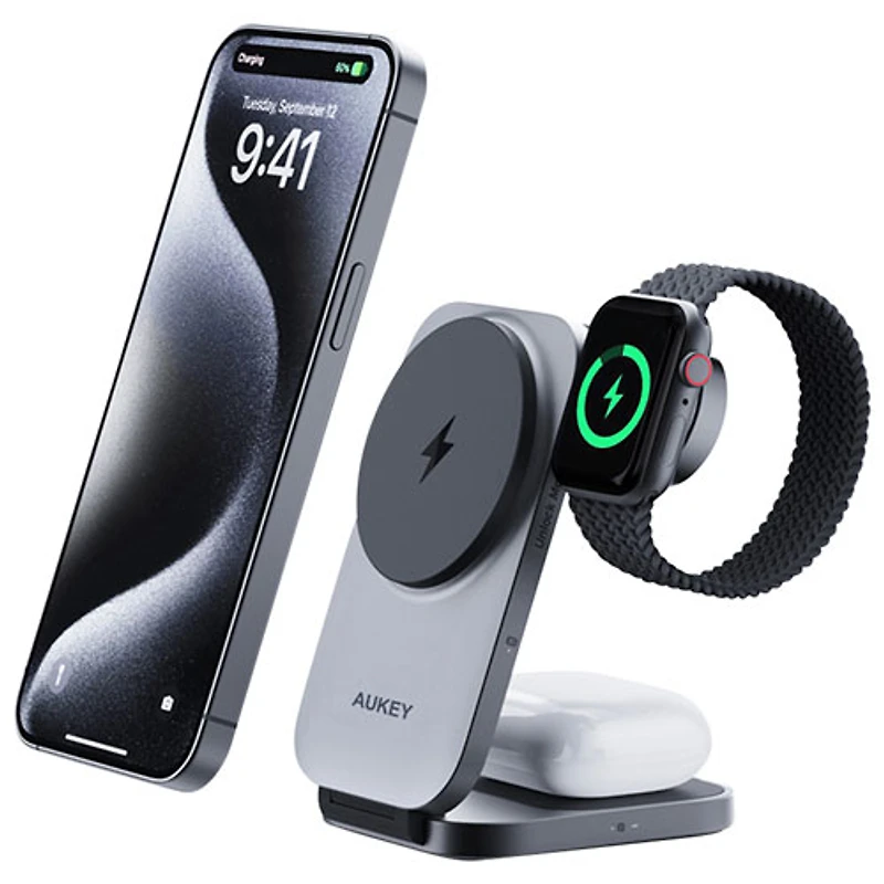 AUKEY MagFusion Z 3-in-1 Qi2 Foldable Magnetic Charging Station - Space Grey