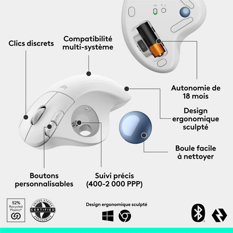 Souris ergonomique sans fil à boule de commande 2000 ppp Ergo M575S de Logitech - Blanc cassé