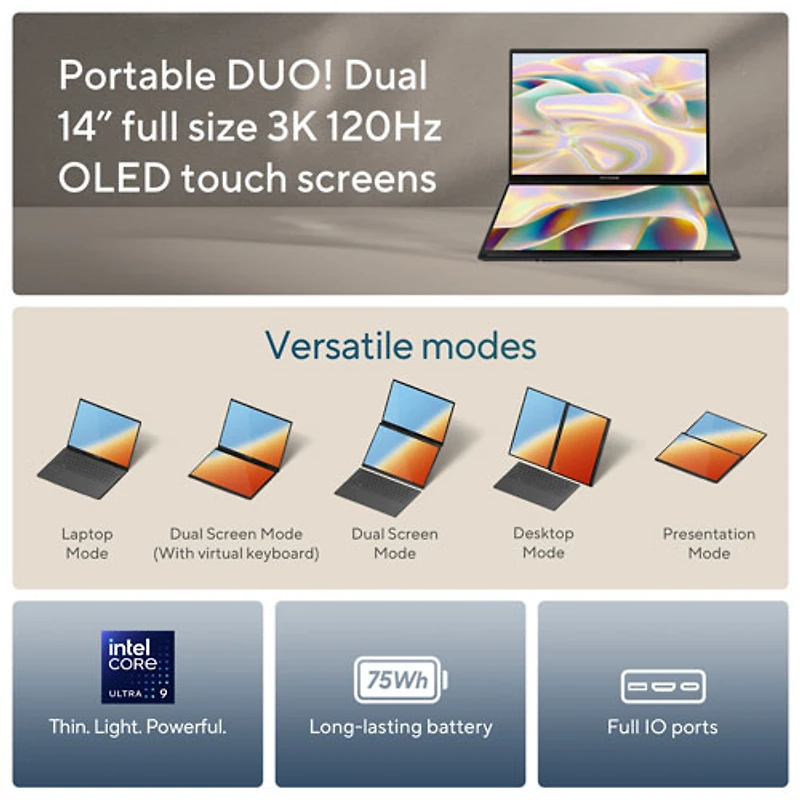 ASUS Zenbook DUO 14" Touchscreen 2-in-1 Laptop - Inkwell Grey (Intel Core Ultra 9/32GB RAM/1TB SSD/Win 11)