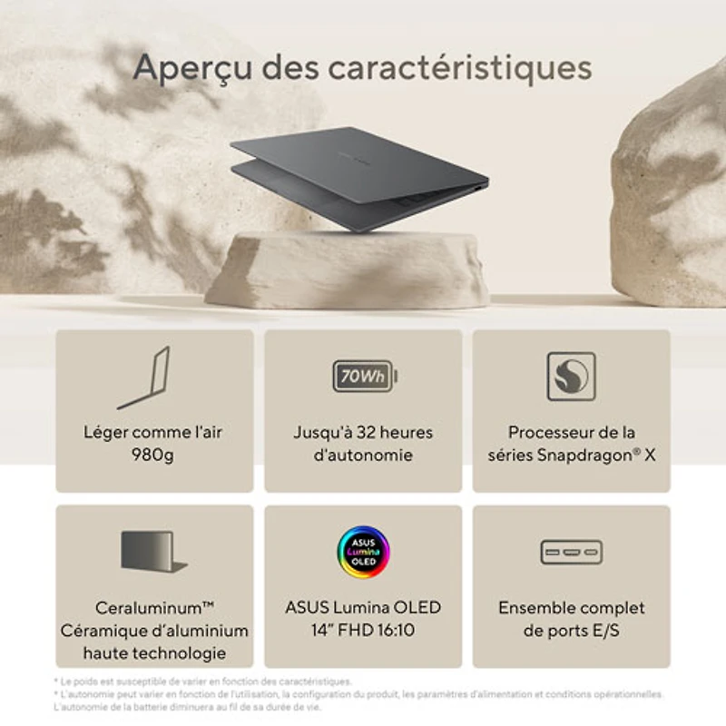 ASUS Zenbook A14 14" Copilot+ Laptop - Iceland Grey (Snapdragon X /16GB RAM/1TB SSD/Win 11)