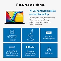 Portable professionnel à écran tactile 14 po Vivobook S 14 Flip d'ASUS - Bleu calme (Ci7-13620H d'Intel/RAM 16 Go/SSD 1 To)