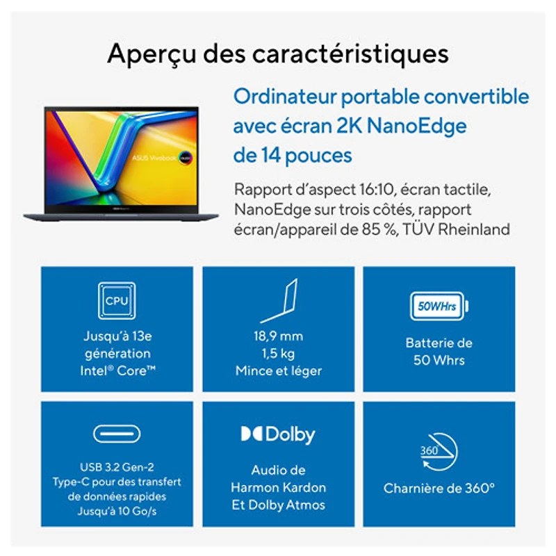 Portable professionnel à écran tactile 14 po Vivobook S 14 Flip d'ASUS - Bleu calme (Ci7-13620H d'Intel/RAM 16 Go/SSD 1 To)
