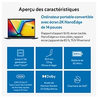 Portable professionnel à écran tactile 14 po Vivobook S 14 Flip d'ASUS - Bleu calme (Ci7-13620H d'Intel/RAM 16 Go/SSD 1 To)