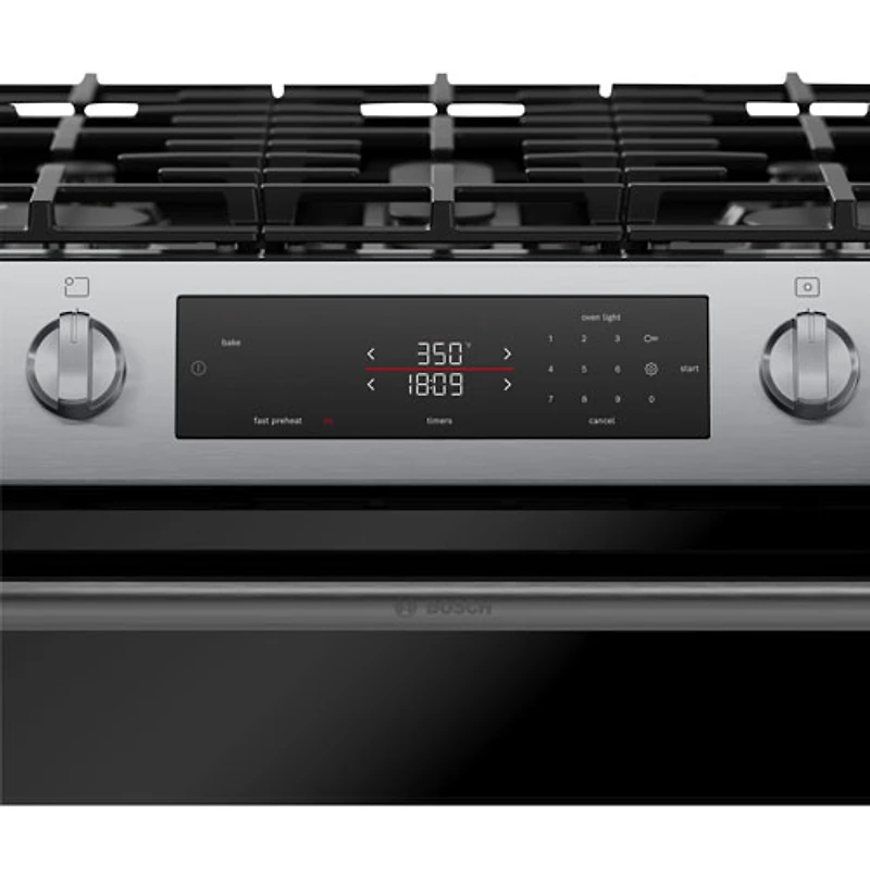 Cuisinière à gaz autonome convection véritable friture air chaud 5,8 pi³ 30 po série 100 de Bosch (HGF1050MUC) - Acier inoxydable