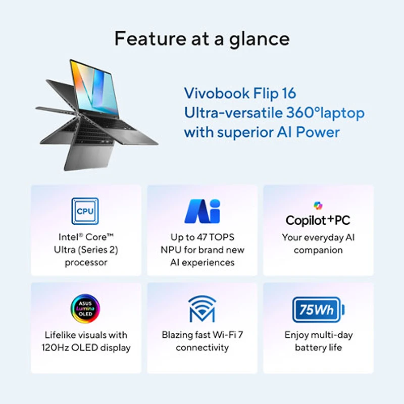 ASUS Vivobook 16 Flip 16" Touchscreen 2-in-1 Copilot+ PC - Matte Grey (Intel Core Ultra 7 258V/32GB RAM/1TB SSD)