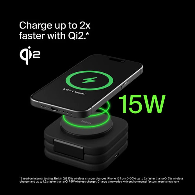 Tapis de chargement de voyage sans fil 3-en-1 Qi2 de 15 W de Belkin avec sac de transport - Noir