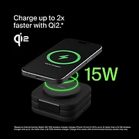 Tapis de chargement de voyage sans fil 3-en-1 Qi2 de 15 W de Belkin avec sac de transport - Noir