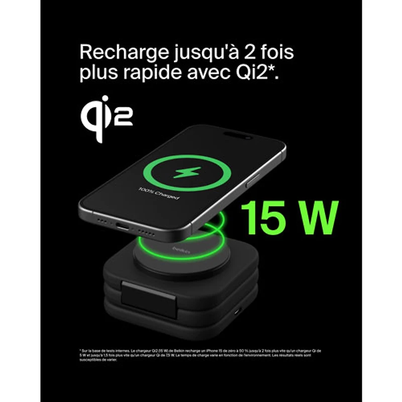 Tapis de chargement de voyage sans fil 3-en-1 Qi2 de 15 W de Belkin avec sac de transport - Noir