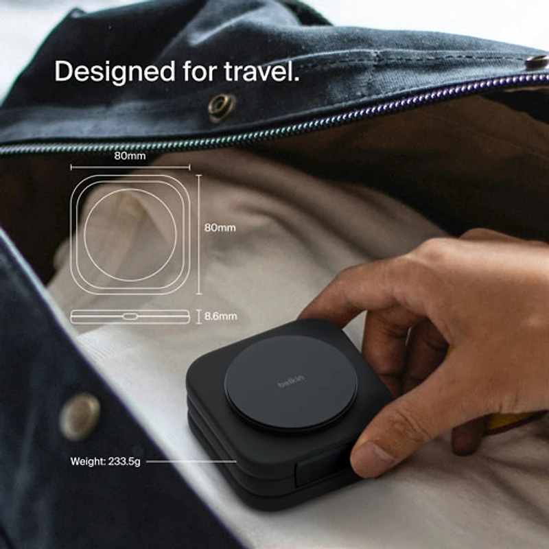 Tapis de chargement de voyage sans fil 3-en-1 Qi2 de 15 W de Belkin avec sac de transport - Noir