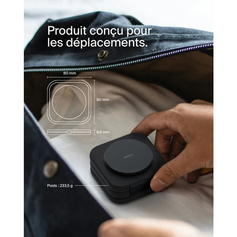 Tapis de chargement de voyage sans fil 3-en-1 Qi2 de 15 W de Belkin avec sac de transport - Noir