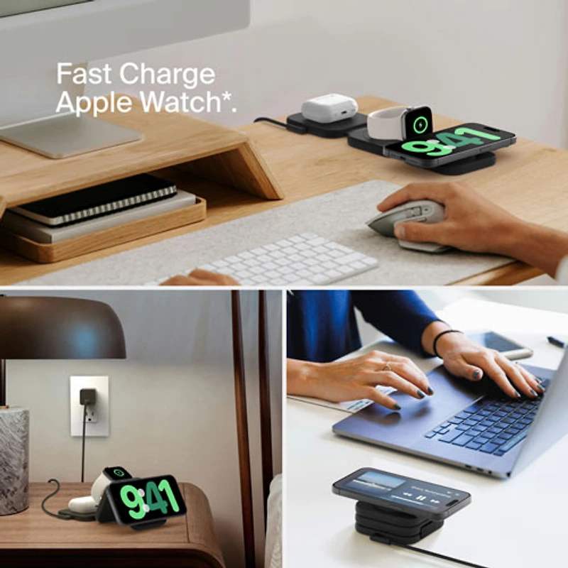 Tapis de chargement de voyage sans fil 3-en-1 Qi2 de 15 W de Belkin avec sac de transport - Noir