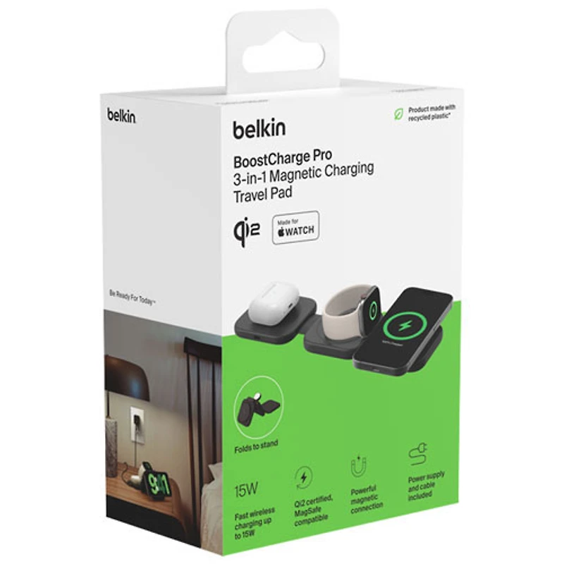 Belkin 3-in-1 15W Qi2 Wireless Travel Charging Pad with Travel Bag - Black