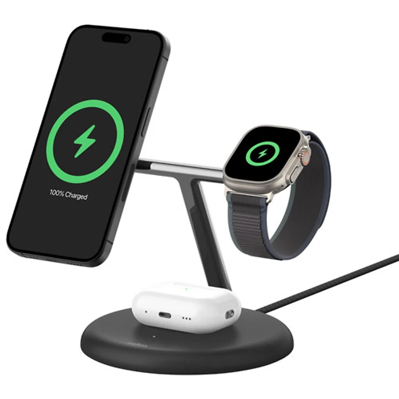 Support de chargement magnétique sans fil 3-en-1 Qi2 de 15 W BoostCharge Pro de Belkin - Noir