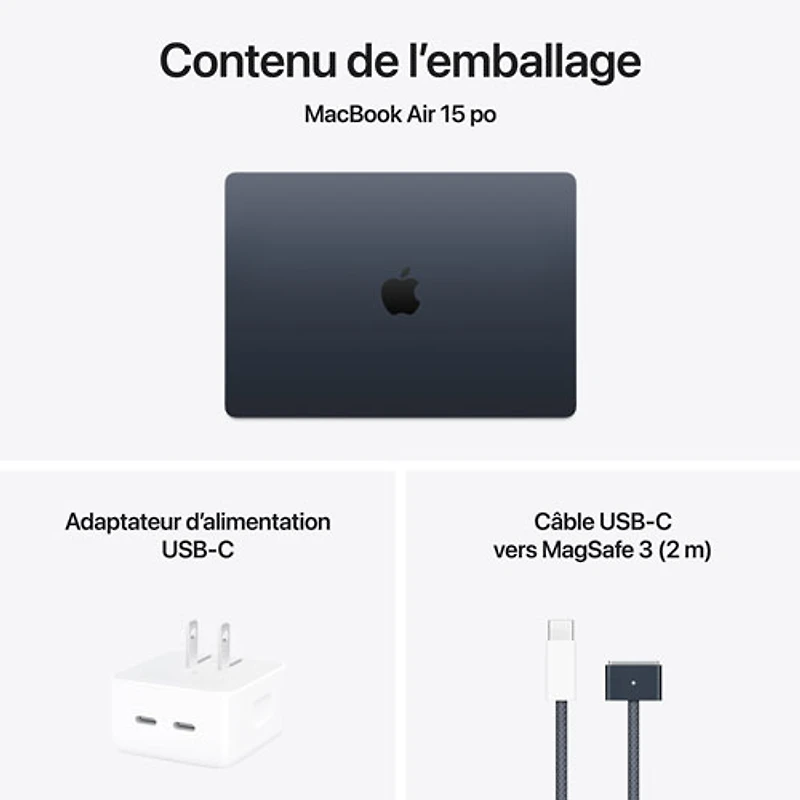 MacBook Air de 15,3 po avec Touch ID d'Apple (2025) - Minuit (M4 d'Apple/RAM Go/SSD Go