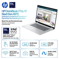 Portable Copilot+ PC 2-en-1 tactile de 16 po OmniBook 7 Flip de HP (Core Ultra 7-258V d'Intel/RAM 32 Go/SSD 1 To)