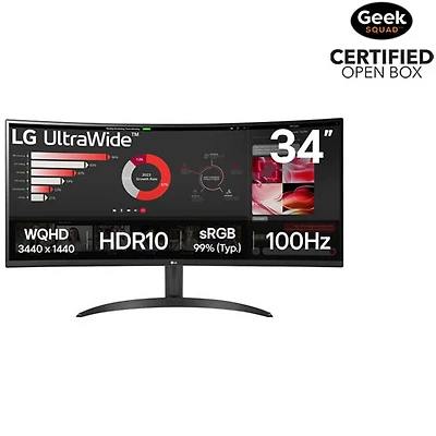 Boîte ouverte - Moniteur de jeu incurvé DEL VA FreeSync WQHD GTG 5 ms 100 Hz 1440p 34 po de LG (34WR50QK-B) - Noir