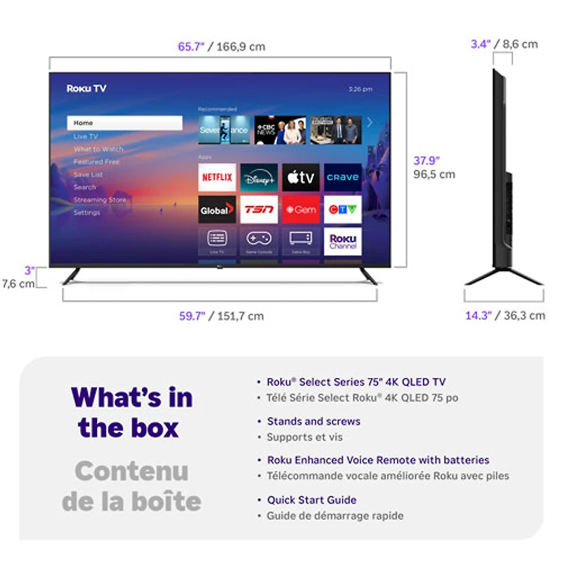 Téléviseur intelligent Roku QLED HDR UHD 4K de 75 po série Select de Roku (75R5C5CA) - 2025