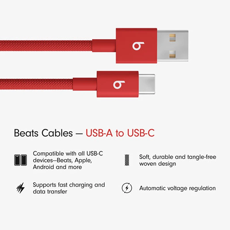 Beats By Dr. Dre 1.5m (4.9 ft.) USB-A to USB-C Woven Cable (MFEJ4LL/A) - Rapid Red