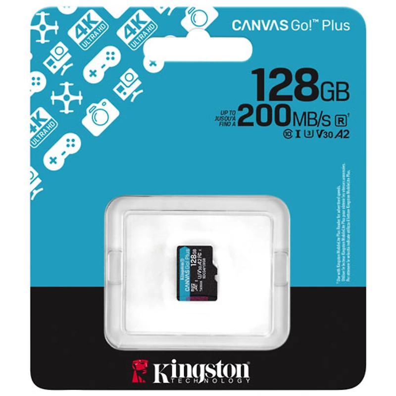 Carte mémoire Kingston Canvas Go! Plus microSD U3 V30 de 200 Mo/s de Go