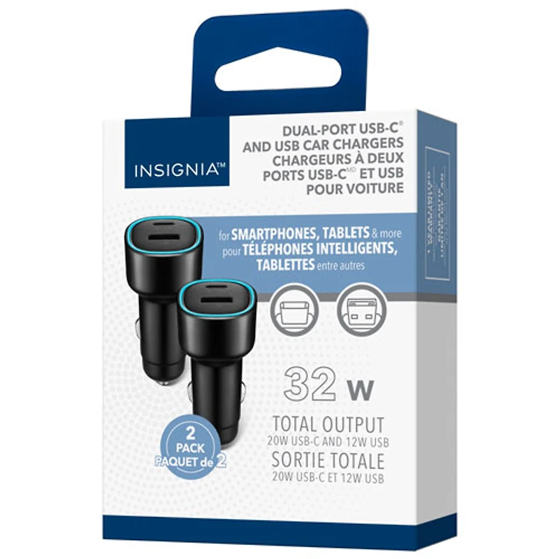 Chargeur pour l'auto à deux ports USB-C/USB-A de 32 W d'Insignia - Paquet de 2 - Noir
