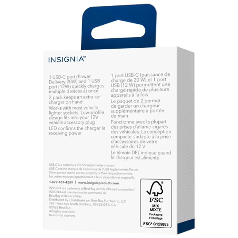 Chargeur pour l'auto à deux ports USB-C/USB-A de 32 W d'Insignia - Paquet de 2 - Noir