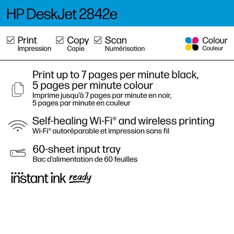 Imprimante à jet d'encre tout-en-un sans fil DeskJet 2842e de HP