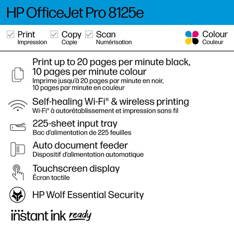 Imprimante à jet d'encre tout-en-un sans fil OfficeJet Pro 8125e de HP - Essai de 3 mois de Instant Ink de HP inclus*