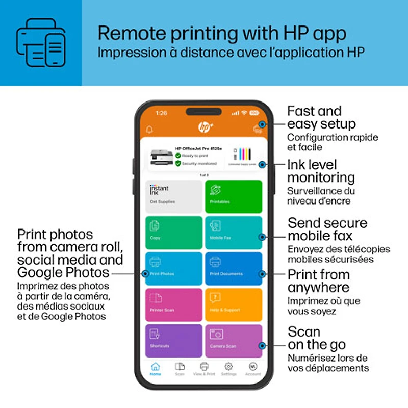 Imprimante à jet d'encre tout-en-un sans fil OfficeJet Pro 8125e de HP - Essai de 3 mois de Instant Ink de HP inclus*