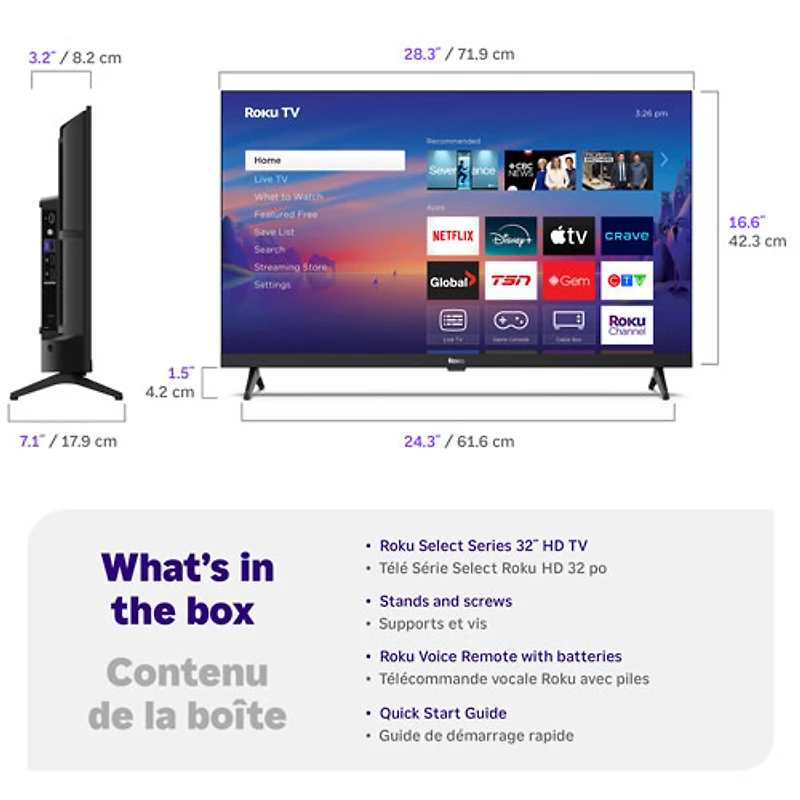 Téléviseur intelligent Roku DEL HD 720p Téléviseur 32 po Série Select Roku (32R2D5CA) - 2025