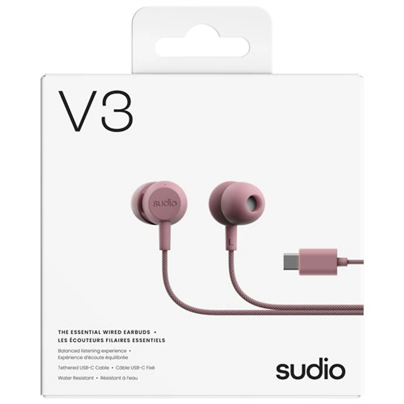 Écouteurs boutons avec fil essentiels V3 de Sudio Audio - Rose