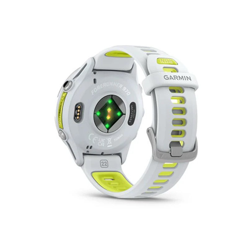 Montre intelligente Bluetooth de 47 mm Forerunner 970 de Garmin pour la course - Blanc/Jaune vif translucide