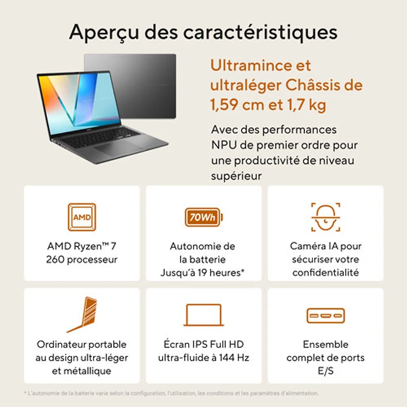 Portable Vivobook S16 de 16 po avec IA d'ASUS