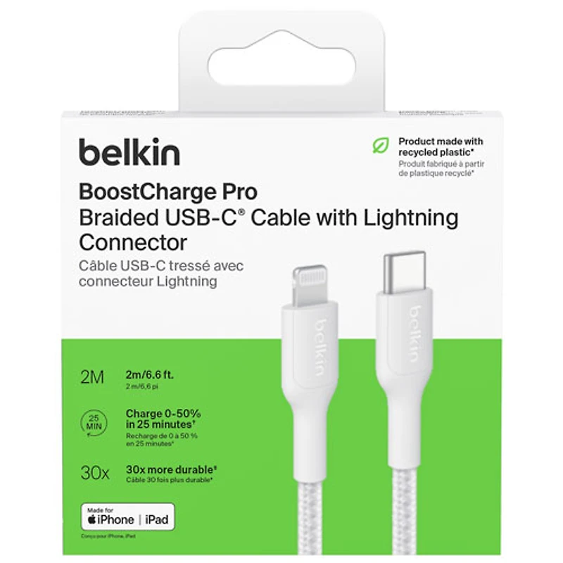 Belkin BoostCharge Pro 2m (6.6 ft.) Braided USB-C/Lightning Cable - White