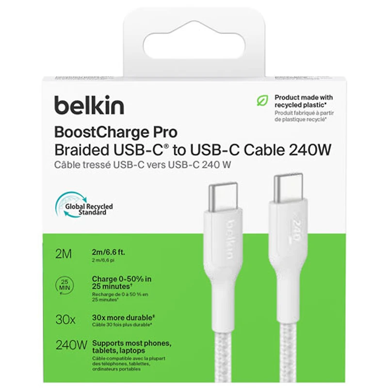Belkin BoostCharge Pro 2m (6.6 ft.) Braided USB-C Cable - White
