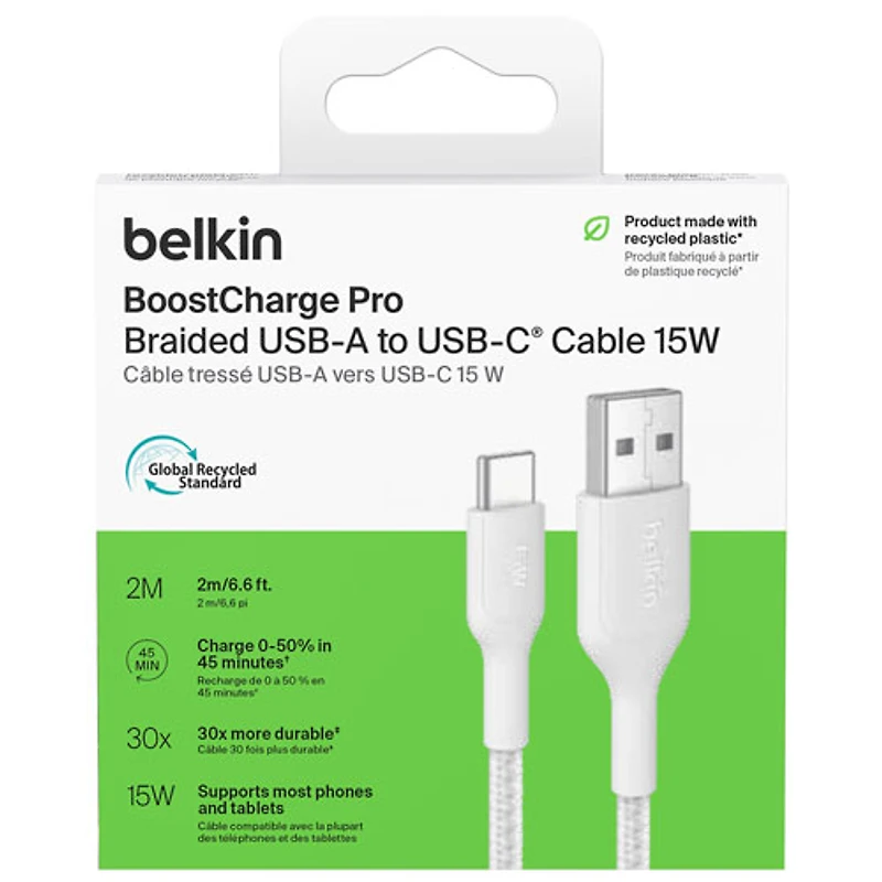 Belkin BoostCharge Pro 1m (3.3 ft.) Braided USB-A/USB-C Cable - White