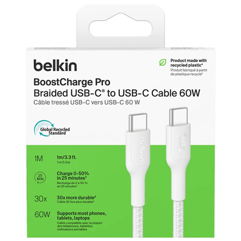 Câble tissé USB-C de 1 m (3,3 pi) BoostCharge Pro de Belkin - Blanc