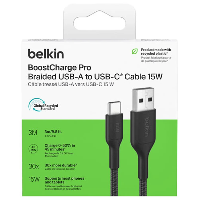 Câble tissé USB-A à USB-C de 3 m (10 pi) BoostCharge Pro de Belkin - Noir