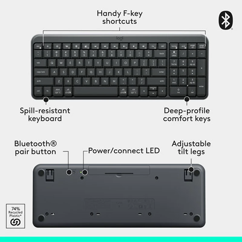 Clavier compact Bluetooth avec pavé numérique K250 de Logitech - Graphite - Anglais