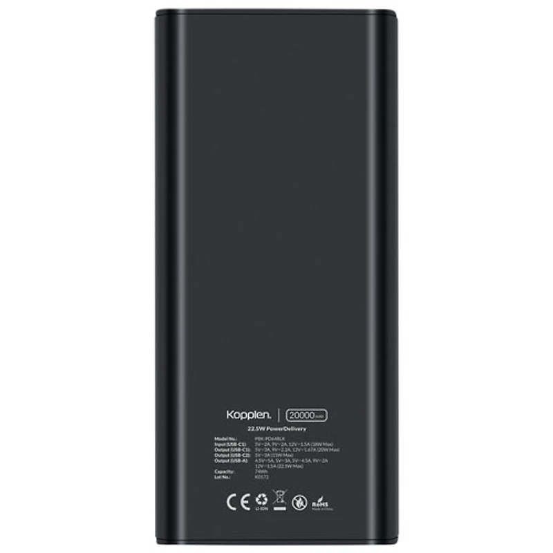Chargeur portable double port USB-C/USB-A 20000 mAh de Kopplen - Noir