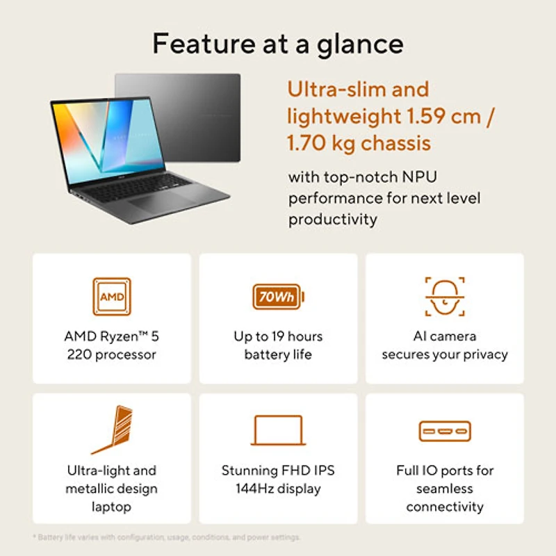 ASUS Vivobook S16 16" AI Laptop - Matte Grey (AMD Ryzen 5 220/32GB RAM/512GB SSD/Windows 11 Home)