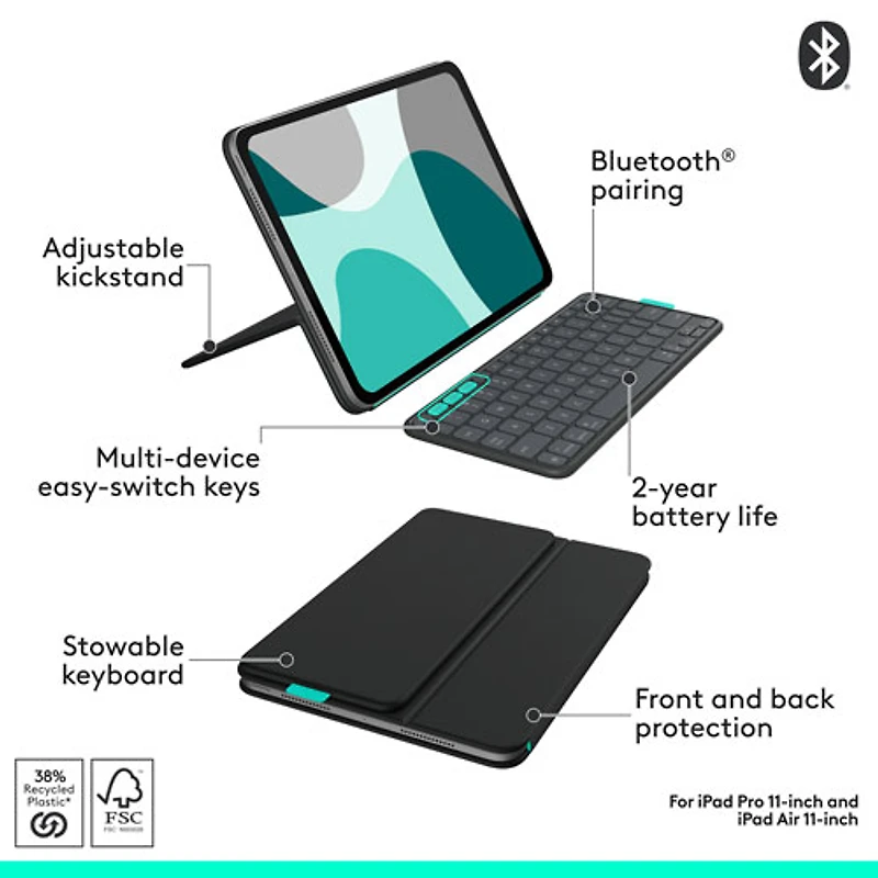 Étui-clavier Flip Folio de Logitech pour iPad Pro de 11 po (M4)/Air de 11 po (M2/M3)/iPad Air (5e génération) - Graphite