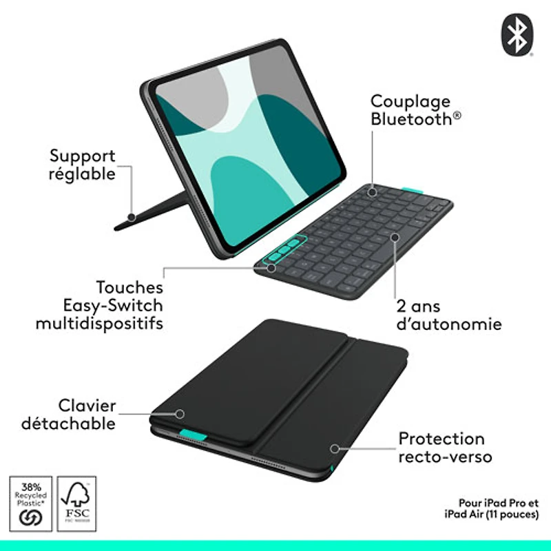 Étui-clavier Flip Folio de Logitech pour iPad Pro de 11 po (M4)/Air de 11 po (M2/M3)/iPad Air (5e génération) - Graphite