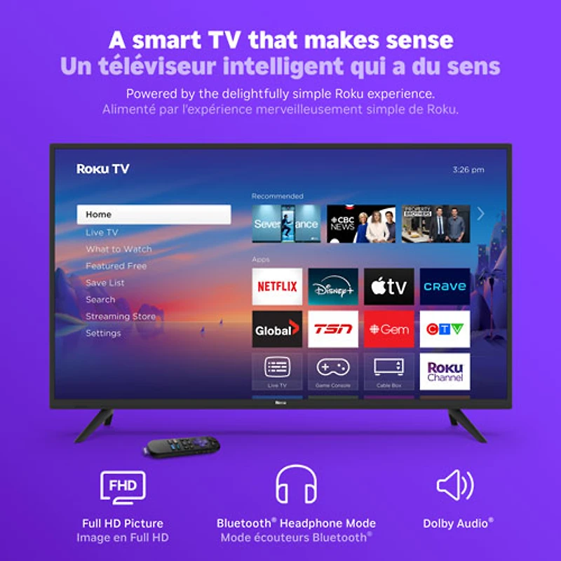 Téléviseur intelligent Roku DEL HD Intégral 1080p 40 po Série Select Roku (40R3C5CA) – 2025