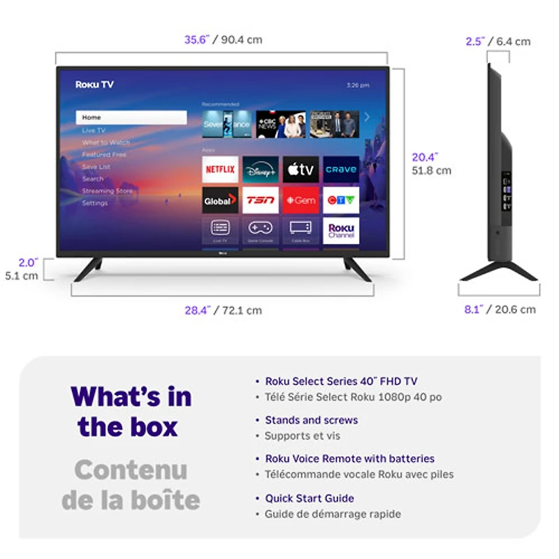 Téléviseur intelligent Roku DEL HD Intégral 1080p 40 po Série Select Roku (40R3C5CA) – 2025