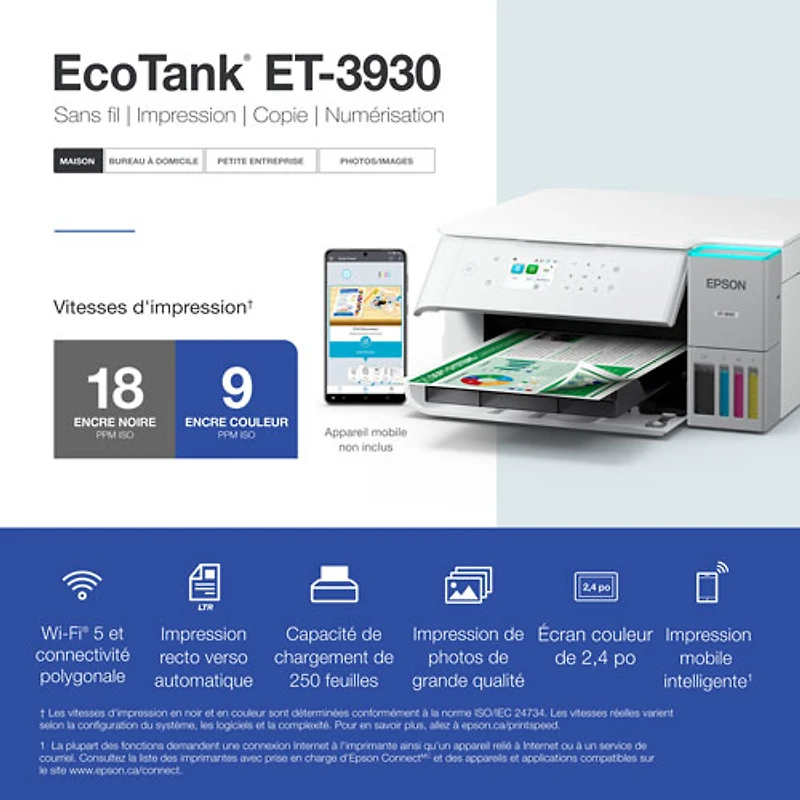 Imprimante à jet encre tout-en-un sans fil EcoTank ET-3930 d'Epson - Blanc