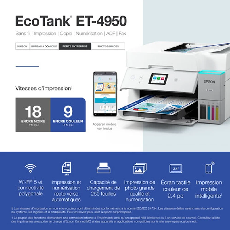 Imprimante à jet encre tout-en-un sans fil Supertank EcoTank ET-4950 d'Epson - Blanc