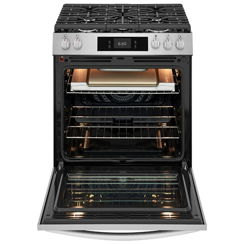 Cuisinière à gaz avec friture à l'air 5 brûleurs 6 pi³ 30 po Gallery de Frigidaire avec option de pizza cuite sur pierre (GCFG3070BF) - Acier inoxydable